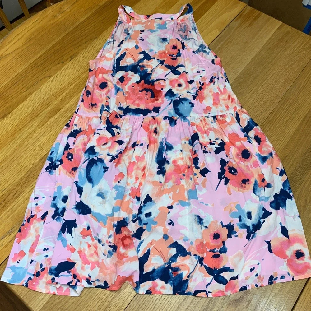 Staccato Pink Blue Floral Tiered Halter V-Neck Rayon Dress Size Large‎ 71397A
